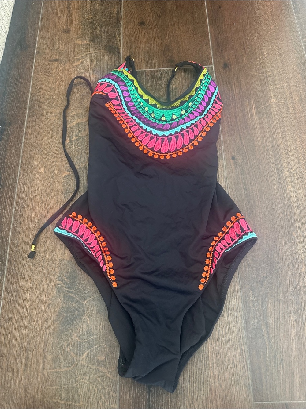 Women’s Black One-Piece Swimsuit with Neon Embroidery